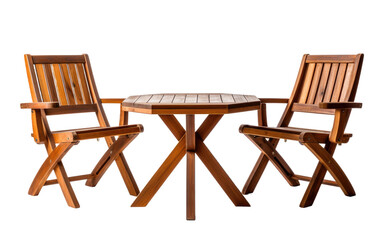 Table and Chairs Placement at Outdoor Patio. A wooden table and two chairs are positioned next to each other on an outdoor patio. on a White or Clear Surface PNG Transparent Background.