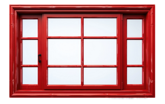 Red Window on White Wall. A close up photo showing a bright red window stands out with its vibrant color contrasted. on a White or Clear Surface PNG Transparent Background.