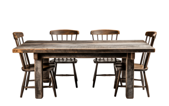 Wooden Table With Six Chairs Around It. A wooden table is surrounded by six chairs, creating a seating arrangement for six individuals. on a White or Clear Surface PNG Transparent Background.