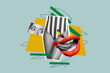 Photo cartoon comics sketch collage picture of seductive sexy lady body parts isolated graphical background