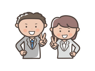 笑顔でピースをする若いビジネスマンとビジネスウーマンの上半身イラスト