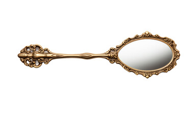 Gold Mirror With Handle. The reflective surface of the mirror allows for personal grooming and styling activities. on a White or Clear Surface PNG Transparent Background.