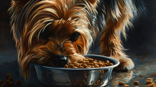 mealtime with a hyperrealistic image of a Yorkshire Terrier eating kibble from a dog bowl
