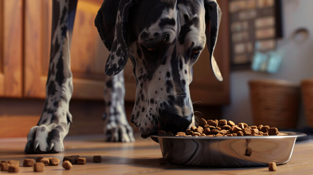 mealtime with a hyperrealistic image of a Great Dane eating kibble from a dog bowl.