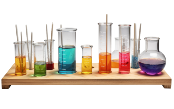 Wooden Table With Test Tubes Filled With Liquid. A wooden table is shown with several test tubes arranged neatly on top. on a White or Clear Surface PNG Transparent Background.