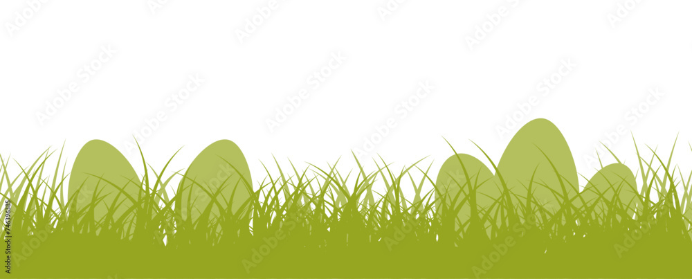 Poster green border with easter eggs hidden in the meadow, lawn, field. seamless pattern for easter hunt ba
