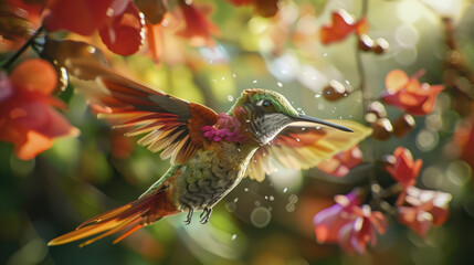 Fototapeta premium A hummingbird in flight among red flowers on a tree. The birds iridescent feathers glisten as it swiftly moves through the foliage