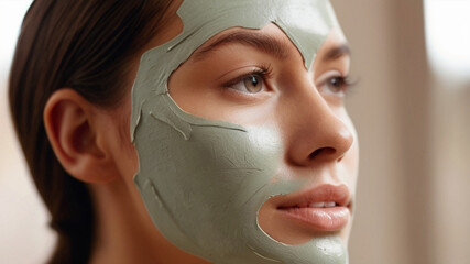 Gorgeous young woman with skin care green mask on her face, for purifying the skin and tightening the pores. Treats oily skin conditions and removes blackheads. - obrazy, fototapety, plakaty