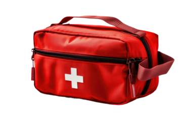 Red Bag With White Cross. A red bag featuring a prominent white cross design, lying on a flat surface. on a White or Clear Surface PNG Transparent Background.