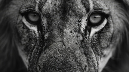 A close-up view of a lions face in black and white. The lions features are striking, with its...