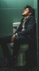 Office worker sleeping while sitting on the toilet, AI generated Image