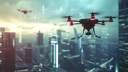 Drone flies over the city in cyberpunk style icon. Antidesign, information collection, surveillance, propellers, quadcopter, fog, skyscrapers, technology, gadget, footage. Generated by AI