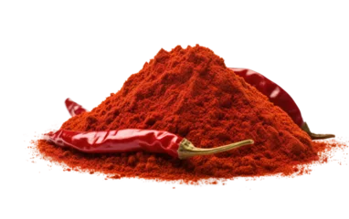 Keuken spatwand met foto Pile of Red Chili Powder Next to a Chili Pepper. The pepper appears fresh and spicy, contrasting with the powdery texture of the chili powder. on a White or Clear Surface PNG Transparent Background. © Usama