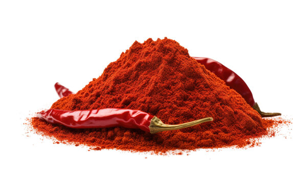 Pile of Red Chili Powder Next to a Chili Pepper. The pepper appears fresh and spicy, contrasting with the powdery texture of the chili powder. on a White or Clear Surface PNG Transparent Background.