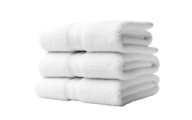 Stack of White Towels. A neat stack of white towels are arranged in a tidy pile, showcasing their clean and fresh appearance. on a White or Clear Surface PNG Transparent Background.