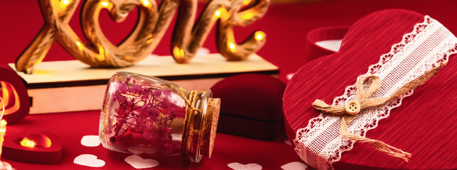 Table top Valentine's day decoration concept background. Banner