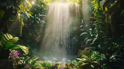 Beautiful waterfall with tropical plants and flowers with bright sunlight, a paradise place