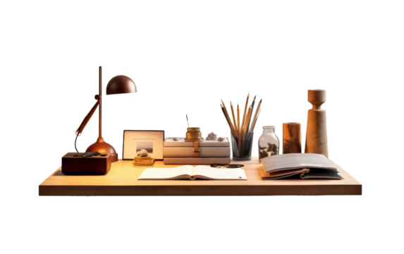 Wooden Desk With Lamp and Books. A wooden desk is neatly organized with a lamp and several books on top.. on a White or Clear Surface PNG Transparent Background. - Powered by Adobe