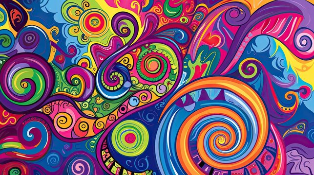 Abstract doodle spiral patterns. Energetic, dynamic, whimsical, playful, mesmerizing, psychedelic, artistic, modern, digital, fantasy. Generated by AI
