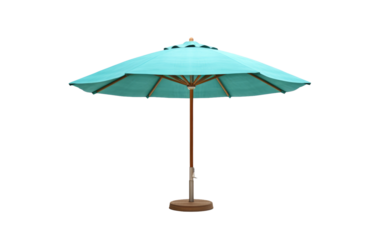 A blue umbrella with a wooden base is closed and the wooden base is sturdy and well crafted, showcasing a minimalist design. on a White or Clear Surface PNG Transparent Background.