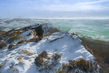 The Roaches. A digital oil painting of a winter landscape in the Peak District National Park, UK.