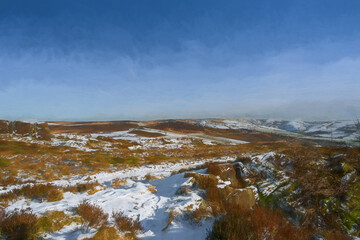 The Roaches. A digital oil painting of a winter landscape in the Peak District National Park, UK.