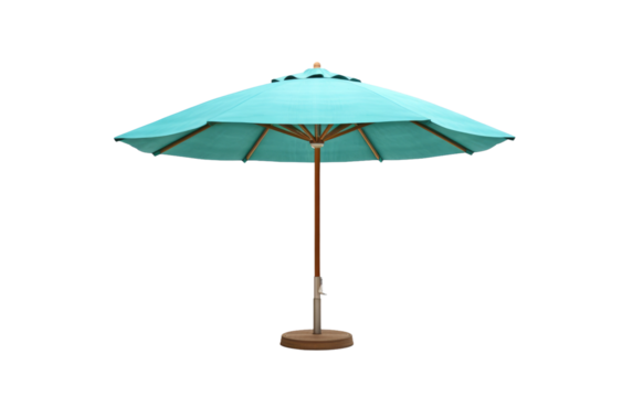 A blue umbrella with a wooden base is closed and the wooden base is sturdy and well crafted, showcasing a minimalist design. on a White or Clear Surface PNG Transparent Background.