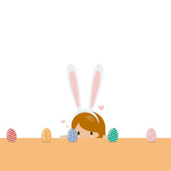 Cute little girl wearing bunny ears playing egg hunt on Easter