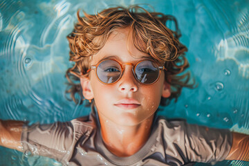 Top view of a cheerful curly-haired blond boy in a T-shirt and sunglasses lying in the pool with his hands behind his head. - obrazy, fototapety, plakaty