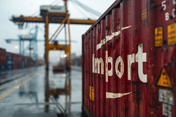 hipping container labeled Import, detailed texture, set in a dockyard