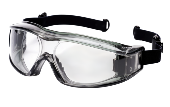 Pair of Safety Goggles. The goggles are designed to protect the eyes from hazardous materials, debris, or chemicals. on a White or Clear Surface PNG Transparent Background.