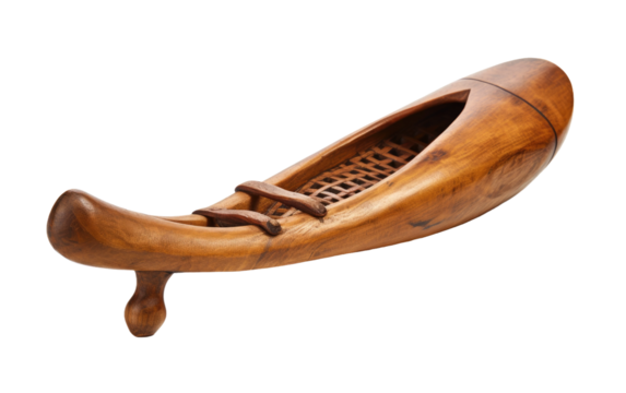 Wooden Boat Shaped Like a Shoe. A handcrafted wooden boat fashioned in the shape of a shoe sits on the water. on a White or Clear Surface PNG Transparent Background.
