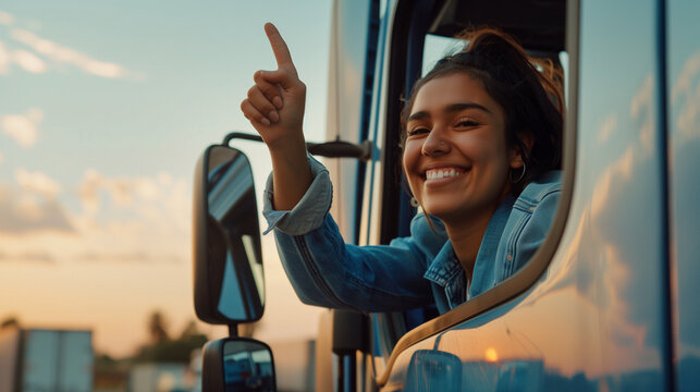Woman Truck Driver Smiling and Holding Up Index Finger as Number One Sign Out the Window