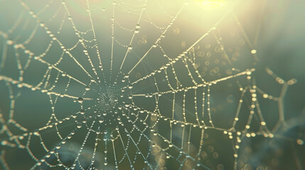 A spider web with dewdrops against the sunrise background