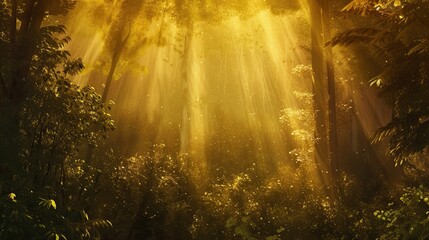 Abstract forest in sun rays icon. Warm, sunlight, nature, leaves, beams, forest, landscape, trees, lush, sunlight, taiga, animals. Generated by AI