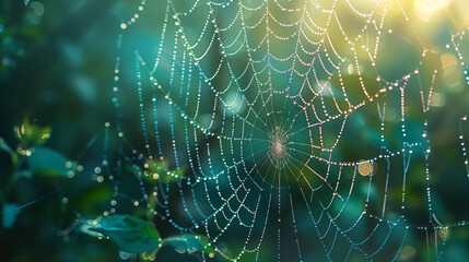 Naklejka na ściany i meble A spider web with dewdrops against the sunrise background