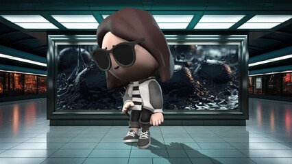 Stylish Animated Character in Futuristic Gallery with Art Display