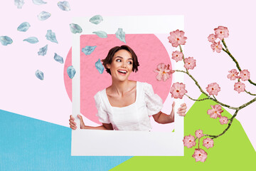 Collage picture of positive peaceful girl hands hold album card flying petals tree branch fresh flowers isolated on painted background