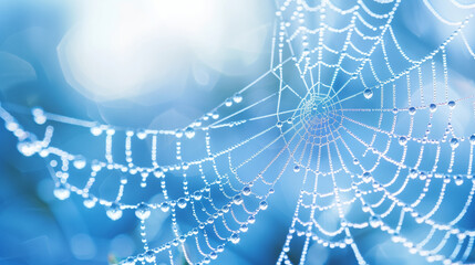 A spider web with dewdrops against the sunrise background