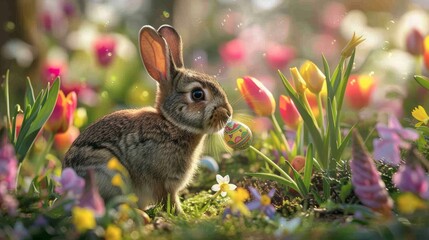 Fototapeta na wymiar Easter Bunny rabbit with egg in wonderland. Generative AI
