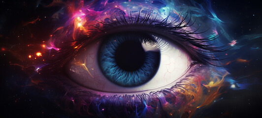 A large human eye in neon light, generative AI