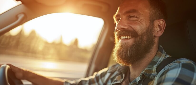 Smiling bearded man driving car, sunset image, camera.