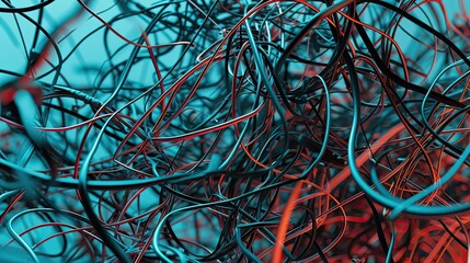 Abstract tangled wires and cables. Messy, disorganized, electronic, technology, frustration, complexity, confusion, disorder. Generated by AI.