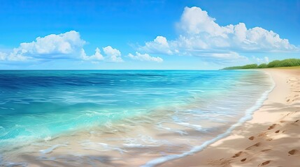 Fototapeta premium Sand beach. Sand, sea, sun, tan, rest, umbrella, swimsuit, heat, umbrella, summer, water, pebbles, sun lounger, people, vacation, shell, shore. Generated by AI.