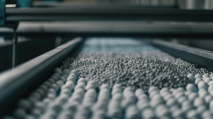 A conveyor belt filled with a large quantity of colorful balls moving along the production line in a factory setting