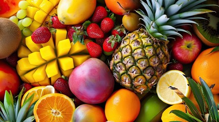 Fruit buffet icon. Sweetness, vitamins, freshness, taste, grapefruit, apples, pineapple, mango, grapes, citrus, pomegranate, raspberry. Generated by AI - obrazy, fototapety, plakaty