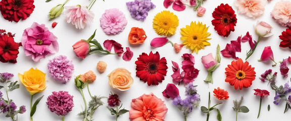 Set of different beautiful flowers on white background. Banner design