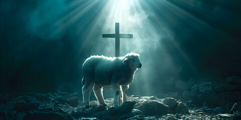 Jesus. Lamb of God. The atoning sacrifice of Jesus Christ Sheep and cross in the desert at sunset 3d render.