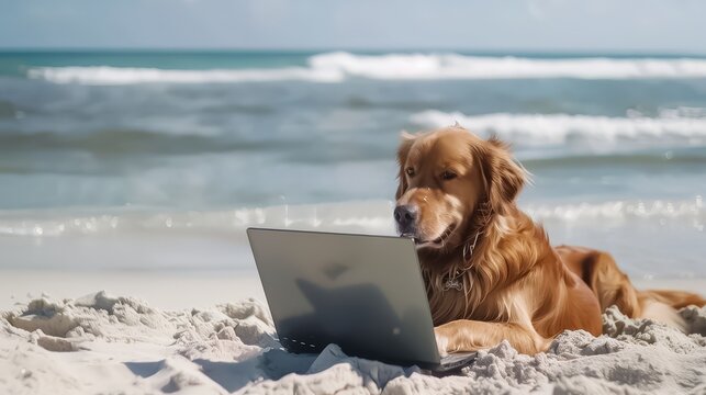 A dog working remotely on a laptop from a sunny beach, ocean waves in the background