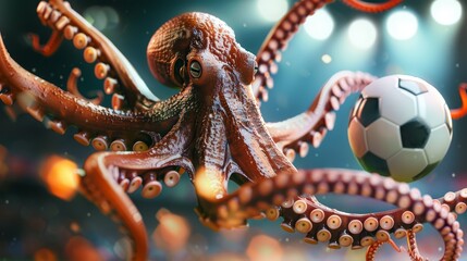 Octopus in goalie gear, diving for a soccer ball mid-match, stadium lights ablaze, 3D animation, hyper-realistic texture, 4K resolution, dynamic action pose - obrazy, fototapety, plakaty